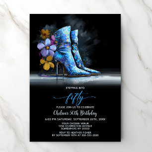 Blue Sequin Boots 50th Birthday Party Invitation