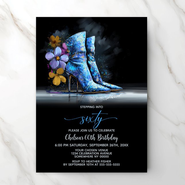 Blue Sequin Boots 60th Birthday Party Invitation (Creator Uploaded)