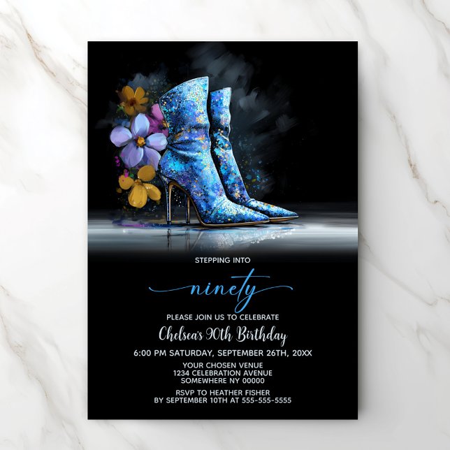 Blue Sequin Boots 90th Birthday Party Invitation (Creator Uploaded)