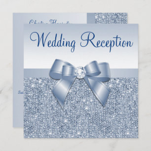 Blue Sequins & Jeweled Bow Wedding Reception Invitation