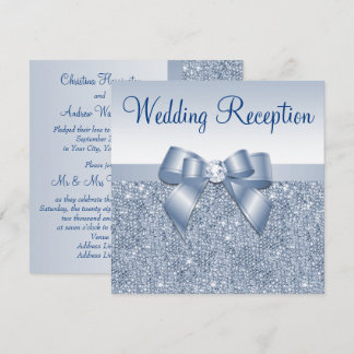 Blue Sequins & Jeweled Bow Wedding Reception Invitation