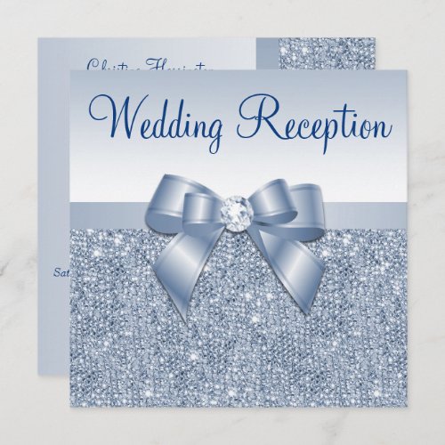 Blue Sequins   Jeweled  Bow Wedding Reception Invitation