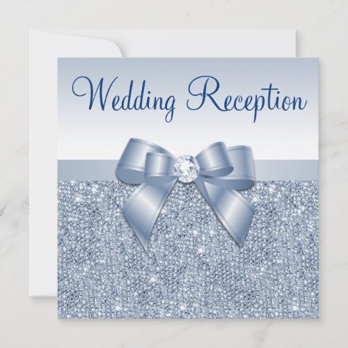 Blue Sequins   Jeweled  Bow Wedding Reception Invitation