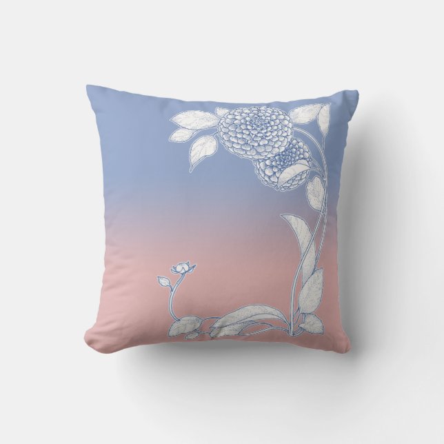 Blue Serenity and Rose Quartz Floral Throw Pillow (Front)
