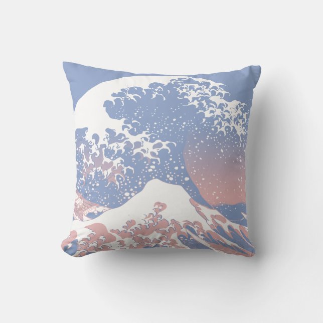 Blue Serenity and Rose Quartz Great Wave Throw Pillow (Front)