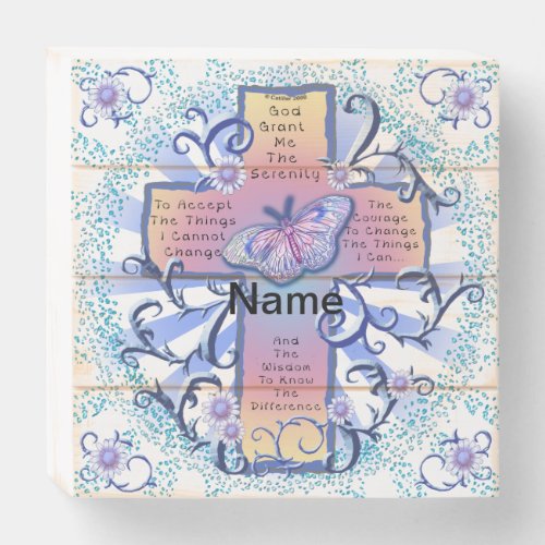 Blue Serenity Cross custom name Wooden Box Sign