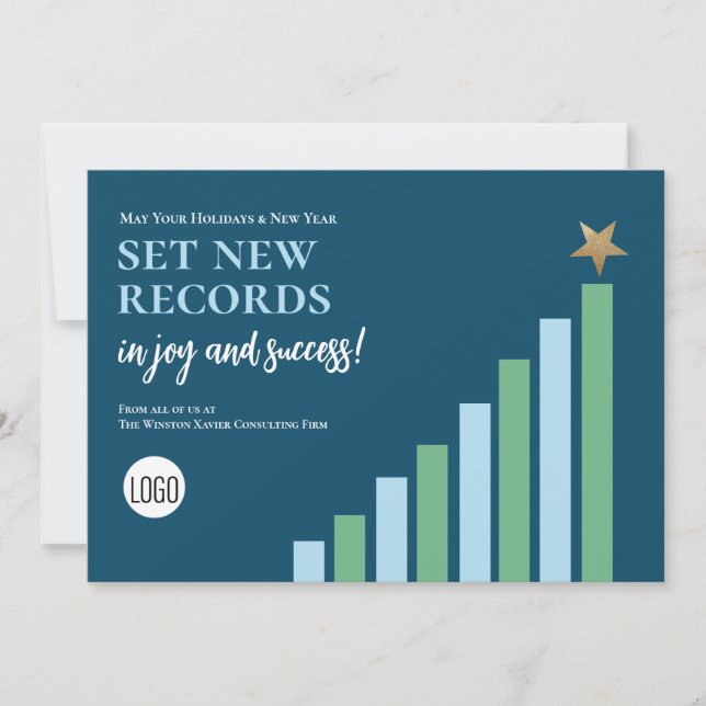 Blue Set the Records Christmas Business logo Holiday Card (Front)