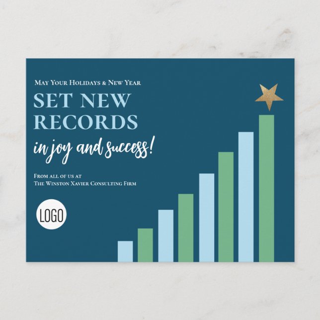 Blue Set the Records Christmas Business logo Holiday Postcard (Front)