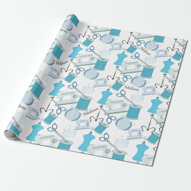 Blue Sewing Theme Quilters Wrapping Paper (Unrolled)