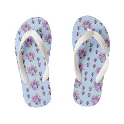 Blue Shabby Chic Pansy floral Flowers Beach Thongs Kids Flip Flops
