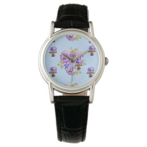 Blue Shabby Pansy floral flowers watercolor Watch