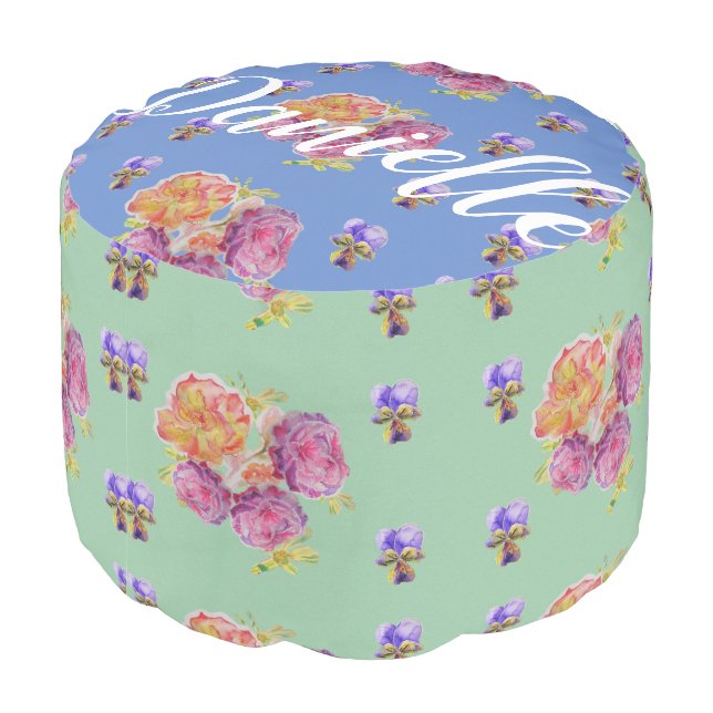 Blue Shabby Roses flowers floral Green Name Pouffe Pouf (Angled Back)