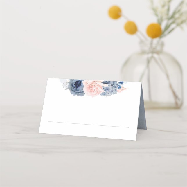 Blue Shade Flowers Blush Boho Wedding Place Card (Front)
