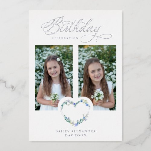 Blue Shades Birthday Silver 2 Photos Floral Heart Foil Invitation