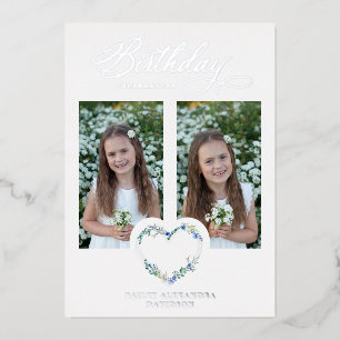 Blue Shades Birthday Silver 2 Photos Floral Heart Foil Invitation