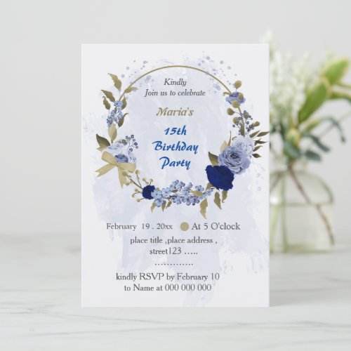 blue shades floral wreath birthday invitation