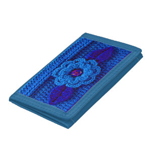 Blue Shades Flower Leaves Artisan Crochet Print Tri-fold Wallet