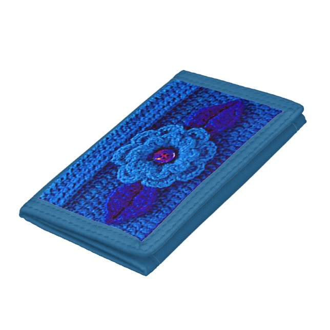 Blue Shades Flower Leaves Artisan Crochet Print Trifold Wallet (Bottom)