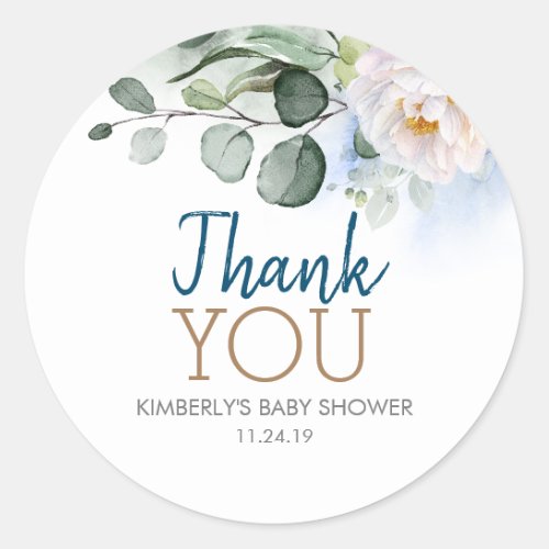 Blue Shades Greenery and White Flower Baby Shower Classic Round Sticker