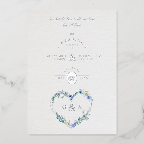 Blue Shades Heart Luxury Romantic Botanical Floral Foil Invitation