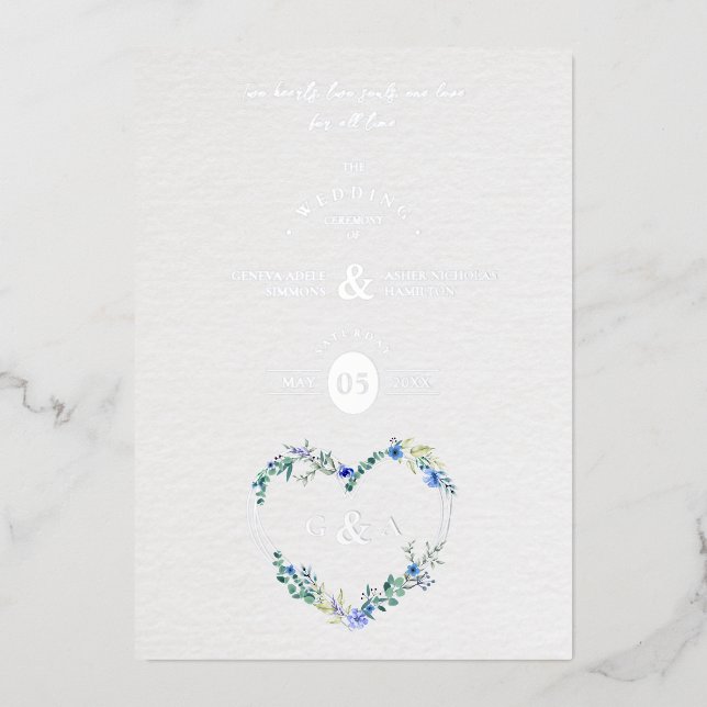 Blue Shades Heart Luxury Romantic Botanical Floral Foil Invitation (Front)