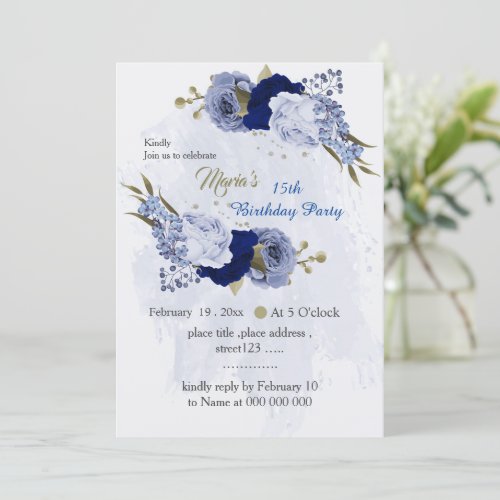 blue shades peonies botanical birthday invitation