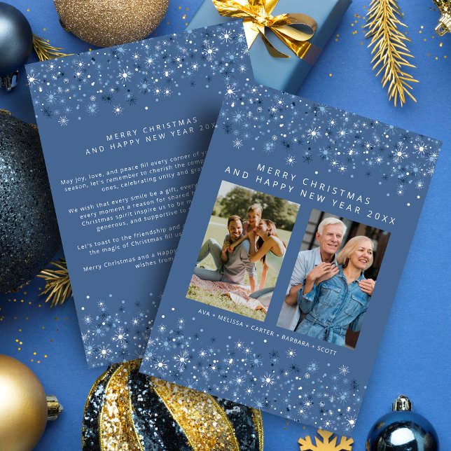 Blue Shades Snowflakes Christmas Stylish 2 Photos Holiday Card (Blue Shades Snowflakes Christmas Stylish Collage 2 Photos Family Holiday Card with Envelope. )