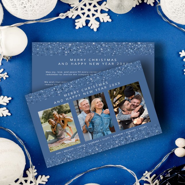 Blue Shades Snowflakes Christmas Stylish Collage Holiday Card (Blue Shades Snowflakes Christmas Stylish Collage 3 Photos Family Holiday Card with Envelope. )
