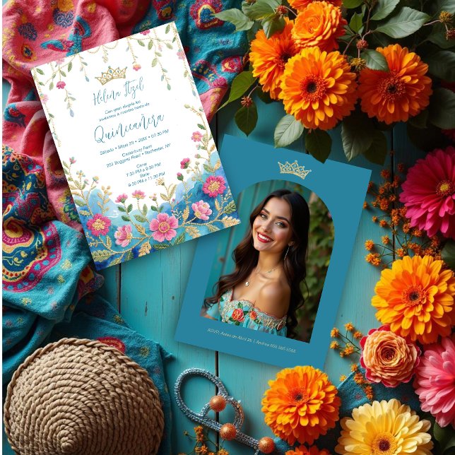 Blue Shades Spanish Mexican XVs Floral Border Invitation (Colorful Blue Shades Spanish Mexican Inspired Floral Border Embroidery Style Quinceañera Invitation )
