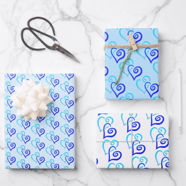 Blue Shades Two Linked Heart Pattern Wrapping Paper Sheets (Front)