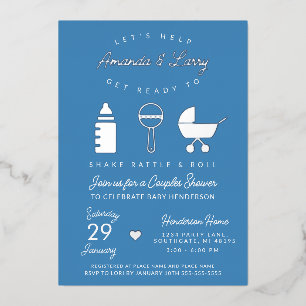 Blue Shake Rattle and Roll Baby Shower Foil Invitation
