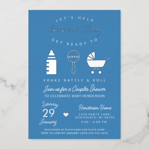 Blue Shake Rattle and Roll Baby Shower Foil Invitation