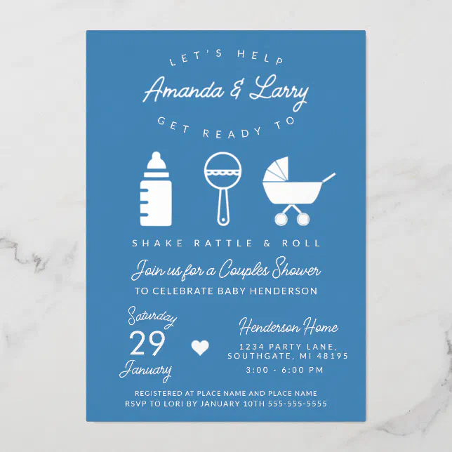 Blue Shake Rattle and Roll Baby Shower Foil Invitation | Zazzle