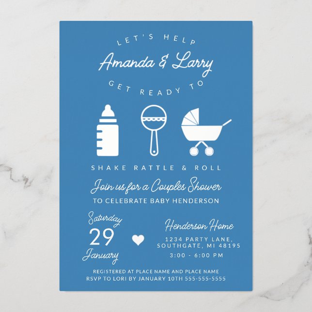 Blue Shake Rattle and Roll Baby Shower Foil Invitation (Front)