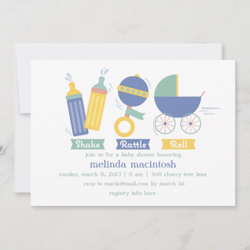 Blue Shake Rattle  Roll Baby Shower Invitation