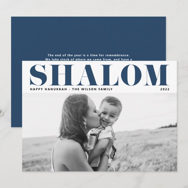 Blue Shalom Bold Typography Happy Hanukkah Photo Holiday Card (Front/Back)