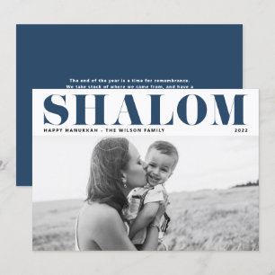 Blue Shalom Bold Typography Happy Hanukkah Photo Holiday Card