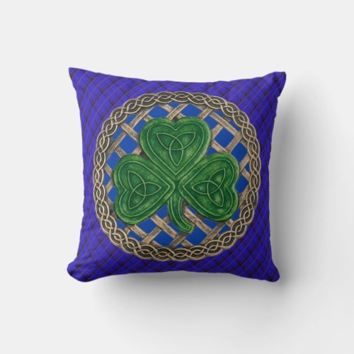 Blue Shamrock Celtic Knots On Blue Plaid Throw Pillow