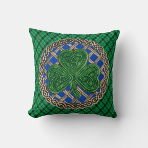 Blue Shamrock Celtic Knots On Green Plaid Throw Pillow
