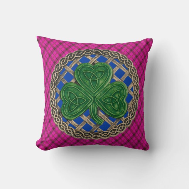 Blue Shamrock Celtic Knots On Pink Plaid Throw Pillow (Front)