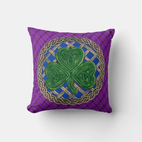 Blue Shamrock Celtic Knots On Purple Plaid Throw Pillow