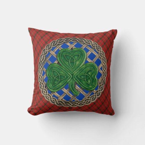 Blue Shamrock Celtic Knots On Red Plaid Throw Pillow