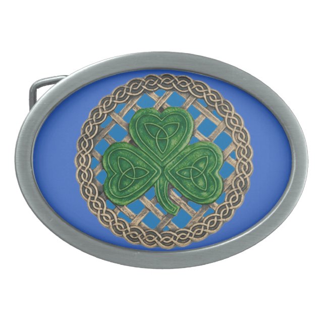 Blue Shamrock On Celtic Knots Belt Buckle (Front)