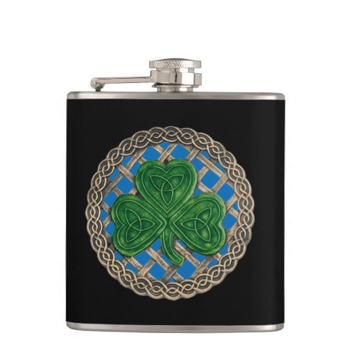 Blue Shamrock On Celtic Knots Flask
