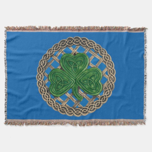 Blue Shamrock On Celtic Knots Throw Blanket (Front)