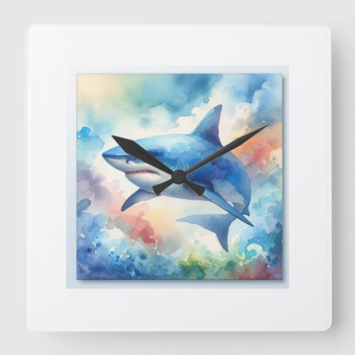 Blue Shark 150624AREF109 _ Watercolor Square Wall Clock