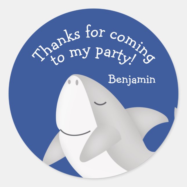 Blue Shark Birthday Favor Thank You Classic Round Sticker (Front)