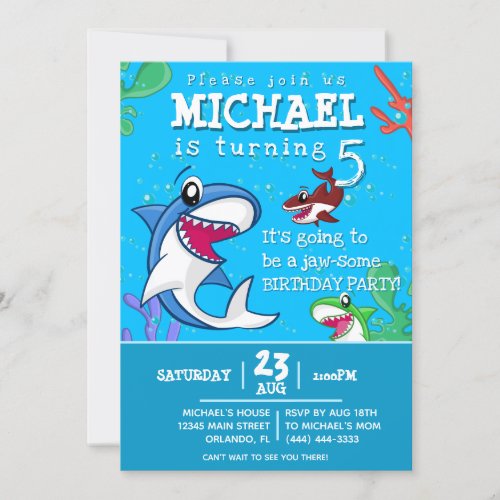 Blue Shark Cute Sea Life Kids Birthday Pool Party Invitation