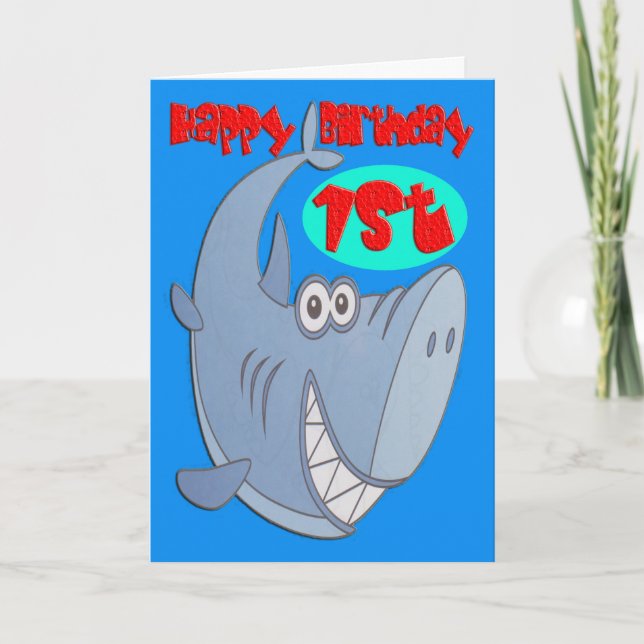 Blue Shark First Birthday Card (Front)