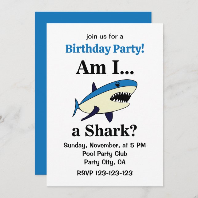 Blue Shark Funny Birthday Party Invitation (Front/Back)